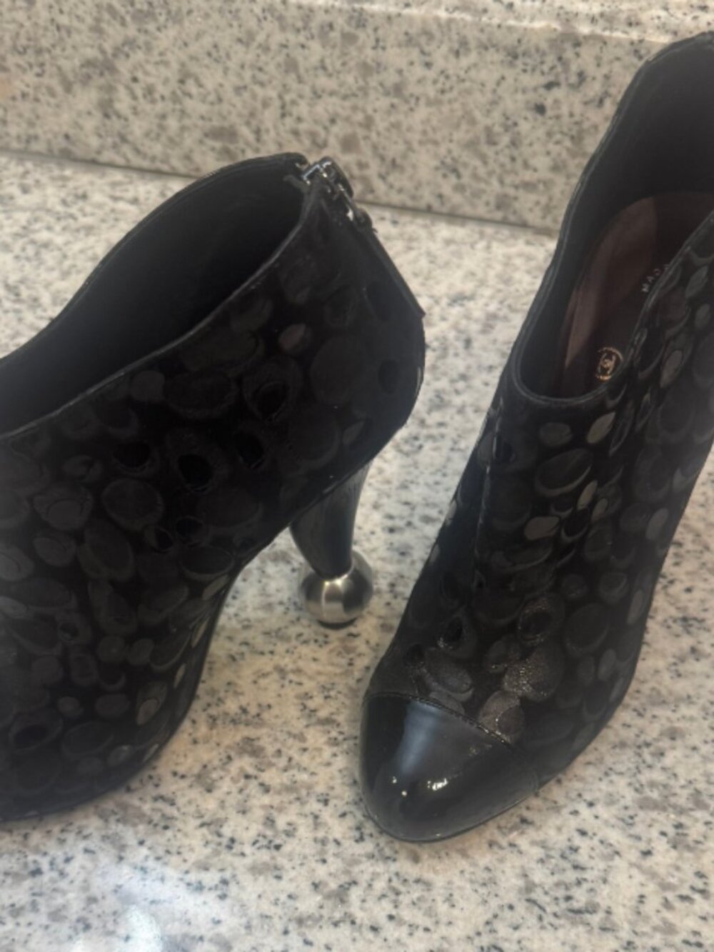 Chanel Black Patent Cap Toe Booties w/ Silver ball/pearl Heel – Size 7.5